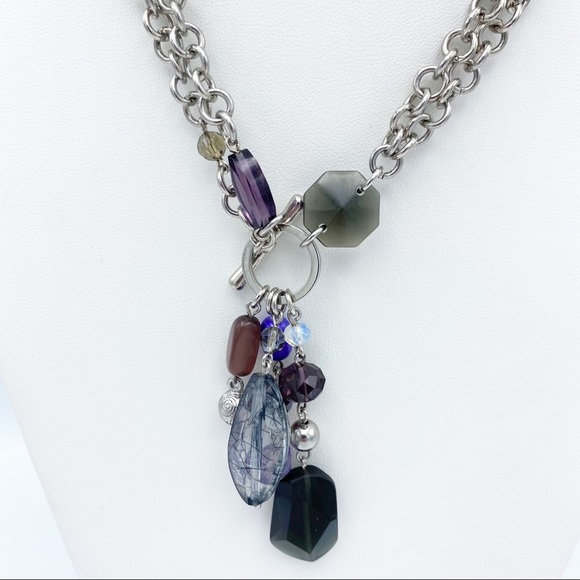 Double Chunky Link Chain Front Toggle Clasp Dangling Faux Gems Necklace - Picture 7 of 11